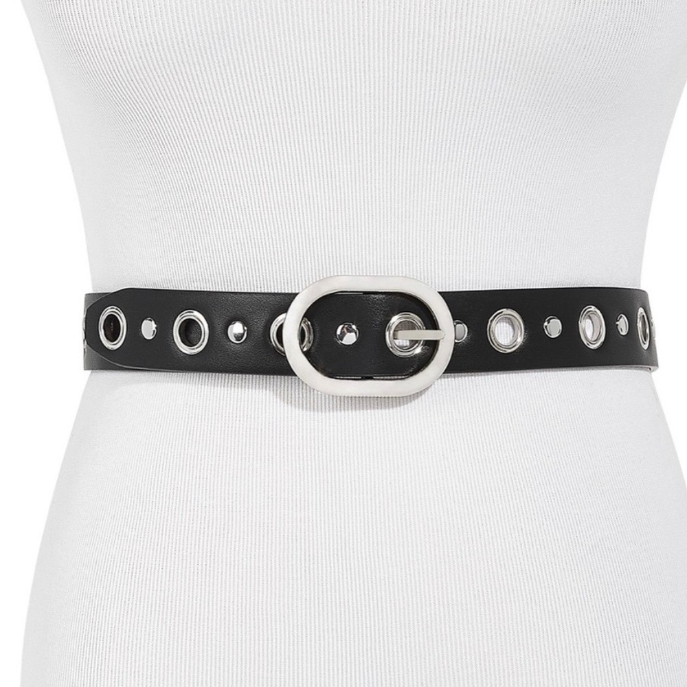 Rebecca Minkoff silver eyelet Studs black Belt edgy bold‎ rock biker